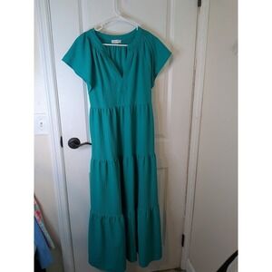 Calvin Klein Teal Green Tiered Maxi Dress Smocked V-Neck Flutter Sleeve Size 14
